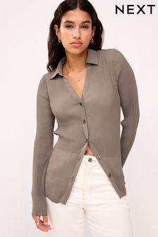 Taupe Brown Pleated Long Sleeve Fitted Shirt (158538) | $36