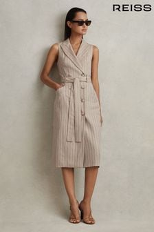 Reiss Neutral Andie Wool Blend Striped Double Breasted Midi Dress (158576) | EGP9,424