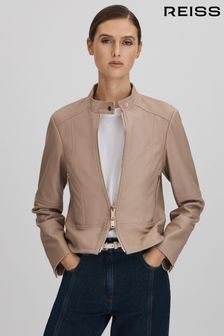 Reiss Neutral Lola Leather Zip-Front Jacket (158626) | kr7,071