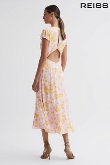 Reiss Pink/Yellow Livia Petite Floral Cut-Out Back Midi Dress (159077) | OMR126