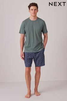 Sage Green/Navy Blue Pattern Lightweight Short Pyjamas Set (159343) | SGD 42