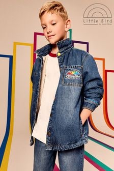 Little Bird by Jools Oliver Blue Borg Lined Washed Denim Rainbow Embroidered Shacket (159567) | $58 - $69