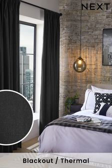 Black Cotton Blackout/Thermal Pencil Pleat Curtains (160442) | AED176 - AED463