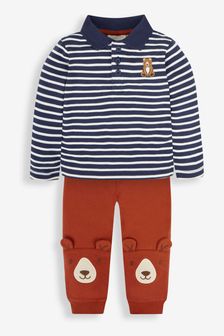 JoJo Maman Bébé Bear Embroidered Polo Shirt & Appliqué Trousers