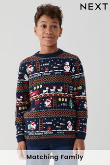 Navy Blue Gaming Santa Boys Knitted Christmas Cotton Jumper (3-16yrs) (161952) | €20 - €26