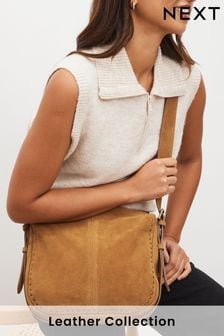 Tan Brown Studded Leather Messenger Bag (163175) | €78