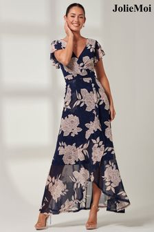 Jolie Moi Navy Blue Floral Gisselle Ruffle Hem Mesh Maxi Dress (163557) | OMR44