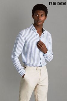 Reiss Soft Blue Herringbone Stripe Ruban Linen Button-Through Shirt (166054) | €167