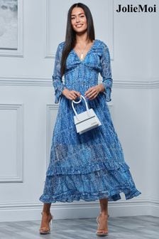 Jolie Moi Blue V-Neck Shirred Chiffon Maxi Dress (166233) | kr1,026