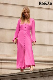 Ro&Zo Pink Lilah Satin Button Front Midi Dress (166556) | €87