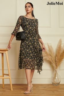 Jolie Moi Black Floral Chiffon Frill Hem Midi Dress (166634) | $129