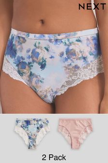 Blue Floral Print/Blush Pink High Rise Lace Trim Knickers 2 Pack (166745) | AED80