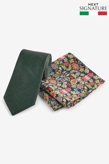 أخضر داكن/زهور - طقم منديل جيب وربطة عنق صنع في إيطاليا من Signature (166944) | 19 ر.ع