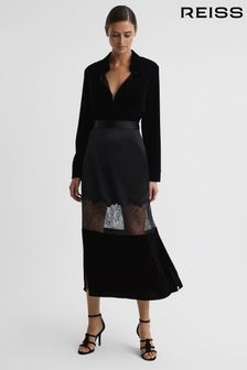 Reiss Black Tilly Fitted Satin-Velvet Midi Skirt (167170) | €287