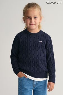 Синий/черный - Детский хлопковый свитер с круглым вырезом и узором "косичку" Gant (167403) | €96