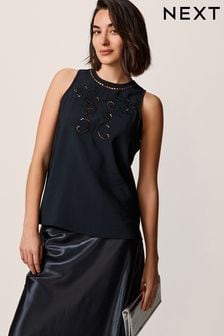 Black - Cutwork Crochet Woven Front Vest (168013) | kr570