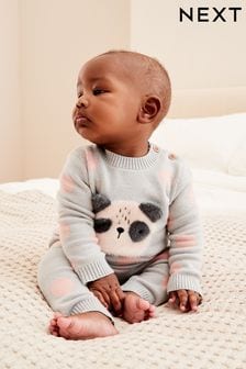 Grey/Pink Panda Knitted Baby 2 Piece Set (0mths-2yrs) (168184) | €27 - €29