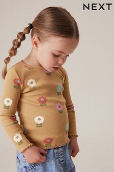 Ochre Pastel Flowers - Camiseta de manga larga de canalé con alto contenido de algodón (3 meses-7 años) (168491) | 6 € - 8 €