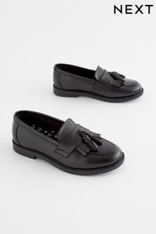 Matt Black Standard Fit (F) Leather Tassel Loafer School Shoes (168622) | $57 - $69