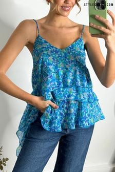 Style Cheat Blue Catalina Ruffle Floral Chiffon Tiered Cami Blouse (169352) | kr493