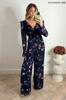 Style Cheat Blue Harper Frill Tie Back Jumpsuit (169373) | SGD 145
