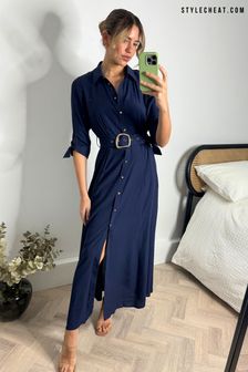 Style Cheat Blue Daphne Belted Shirt Midaxi Dress (169692) | AED327