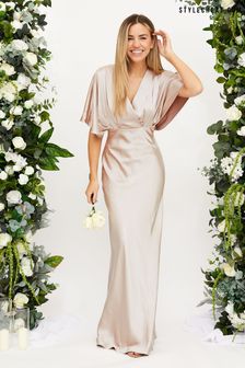 Style Cheat Cream Angel Sleeve Maxi Satin Dress (169774) | €108