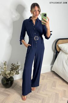 Style Cheat Blue Harriet Belted Shirt Jumpsuit (169869) | OMR35