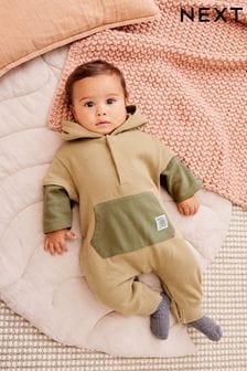 Khaki Green Cosy Sweat Jersey Baby Hooded Romper (171500) | €14 - €16
