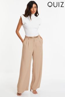 Quiz Woven Wide Leg Trousers with Brown Chain Belt