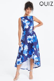 Quiz Blue Floral High Neck Dip Hem Dress (172061) | OMR28