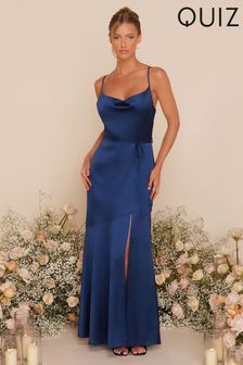 Quiz Blue Satin Bridesmaid Maxi Dress with Tie Waist and Slit (172092) | €59