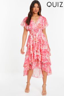 Quiz Pink Floral Print Chiffon Tiered Midi Dress With Angel Sleeve (172120) | €93