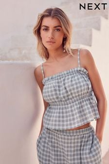 Blue Checked Cheesecloth Ruched Top (172149) | €39