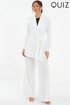 Quiz White Woven Tailored Blazer with White Fringe Tie Belt (172161) | OMR31
