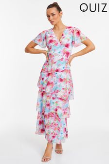 Quiz Pink Floral Chiffon Maxi Dress with Frill and Angel Short Sleeve (172236) | OMR25