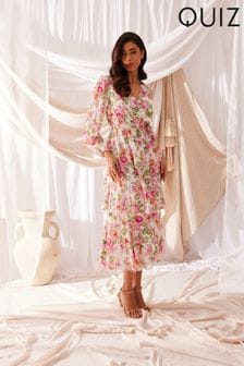 فستان متوسط الطول طبقات شيفون زهور برباط خصر من Quiz (172250) | 351 ر.س
