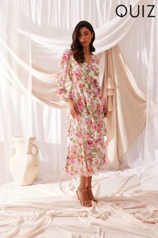 Quiz Floral Chiffon Tiered Midi Dress With Tie Waist Belt Floral