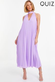 Quiz Purple Pleated Chiffon Key Hole Neck Detail Midaxi Dress (172305) | $105