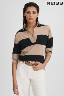 Reiss Black/Camel Abigail Striped Cotton Open-Collar T-Shirt (172445) | OMR74