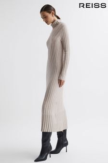 Reiss Neutral Cady Petite Knitted Roll Neck Midi Dress (172506) | $332