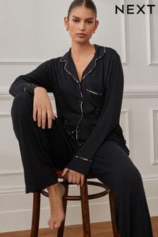 Black Ribbed Button Through Pyjamas (172550) | $55