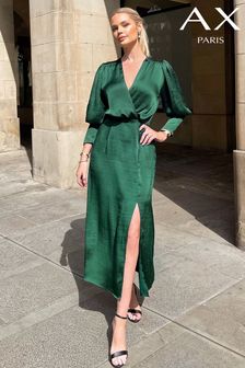 AX Paris Green Satin Wrap Top Long Sleeve Midi Dress (172949) | $72
