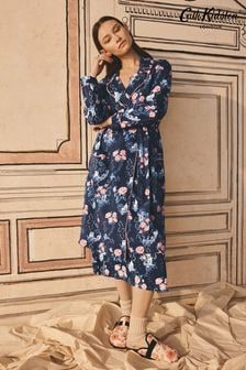 Cath Kidston Navy Floral Print 100% Cotton Poplin Robe (173235) | $94