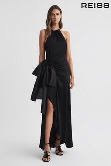 Reiss Black Luna Satin Bow Halterneck Maxi Dress (173878) | €385