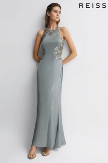 Reiss Silver Fern Fitted Lace Halter Neck Maxi Dress (173893) | €484