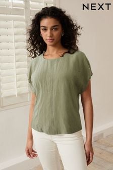 Sage Green Gathered Short Sleeve Textured Boxy T-Shirt (173916) | OMR9