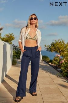 Navy Blue Linen Blend Wide Leg Trousers (174517) | $36