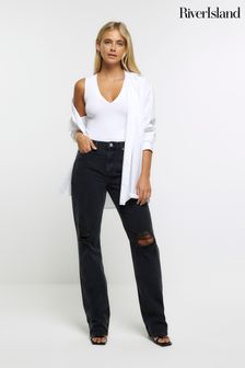 River Island Black High Rise Straight Ripped Jeans (176071) | $77