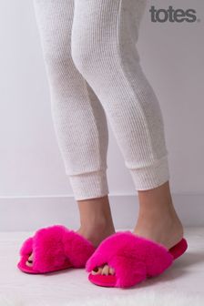 Totes Pink Plush Faux Fur Cross Over Slider Slippers (176726) | HK$257
